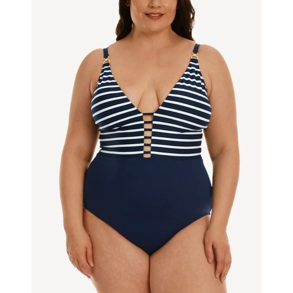 La Blanca Sz 18W Capri Stripe Plunge One Piece Swimsuit Indigo Tummy Control NEW